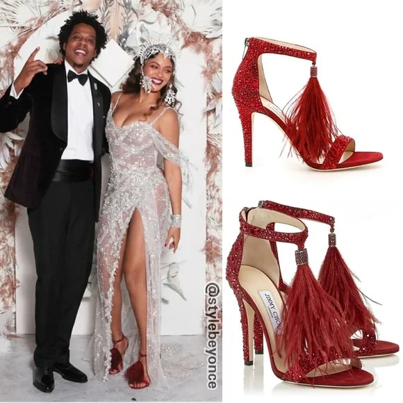 New Jimmy Choo VIOLA 110 Suede Crystal Sandals Red Ostrich Feather Tassel - Picture 5 of 17